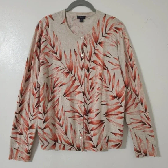 ANN TAYLOR Factory Leaf Print Button Front Cardigan, 100 Cotton, XL - Picture 2 of 11